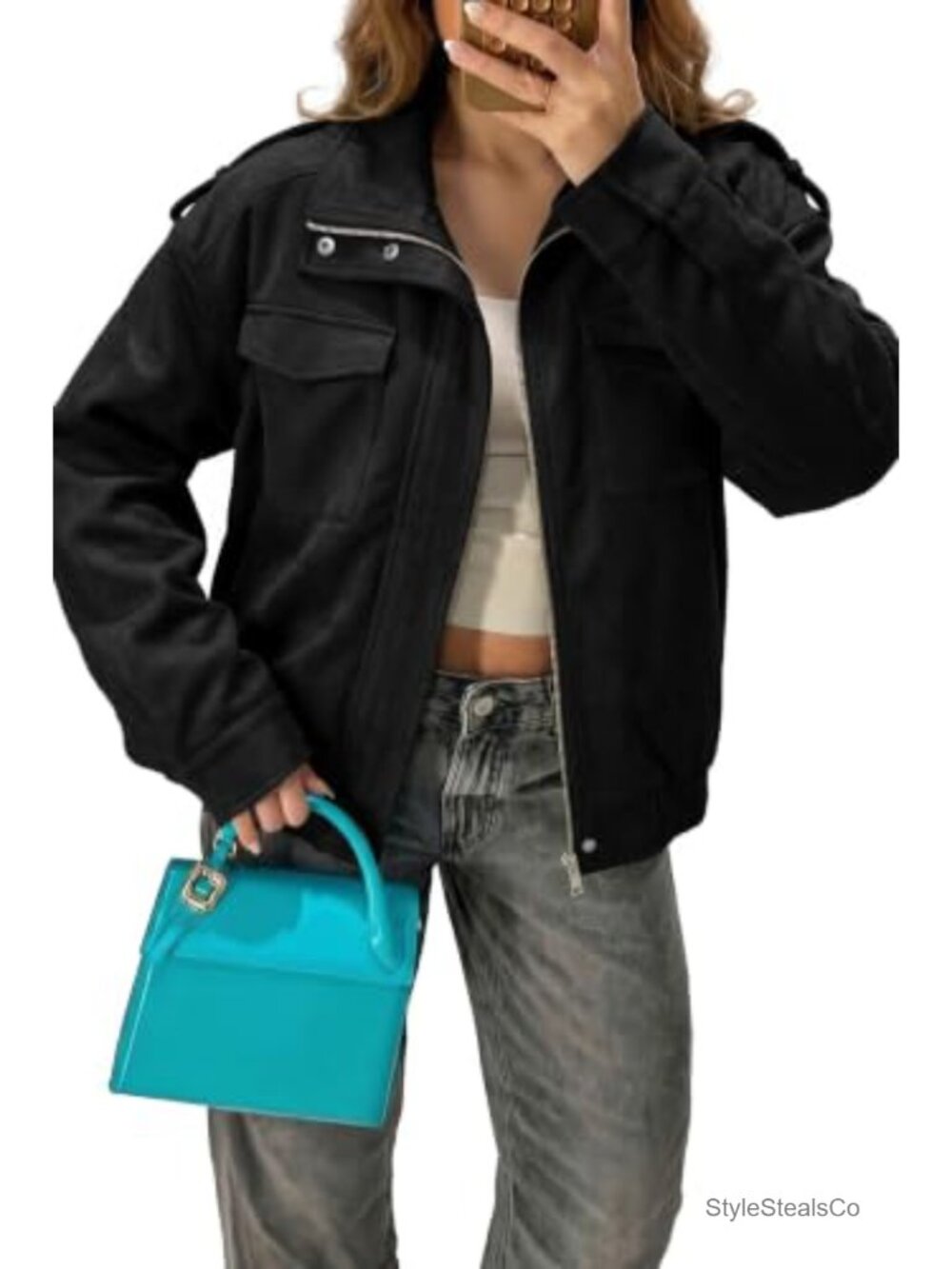 Faux Suede Bomber Jacket Cropped Long Sleeve Zip Up Casual Coat